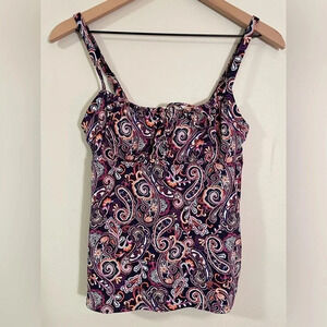 Lands’ End Chlorine Resistant Tie Front Paisley Tankini Swim Top, Size 2